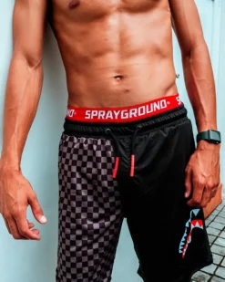 GREY CHECKERED SPLIT CORTO SWIM TRUNKS
