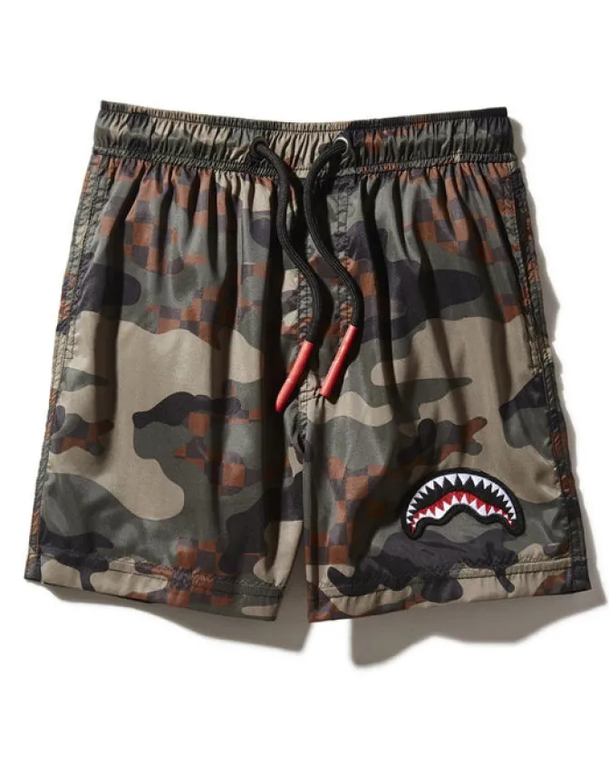 KIDS CAMO CHECKERED SWIM TRUNKS