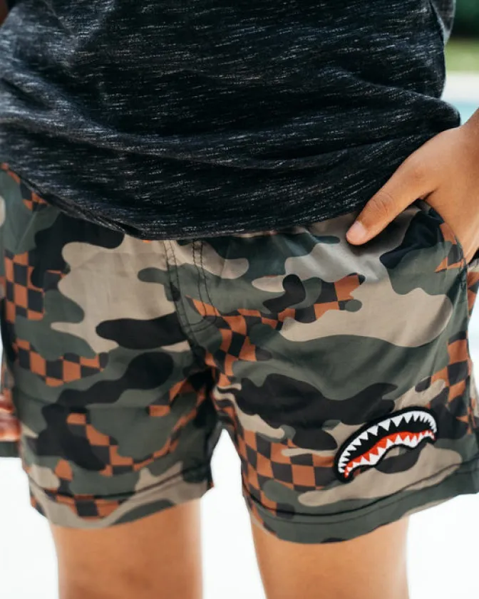 KIDS CAMO CHECKERED SWIM TRUNKS