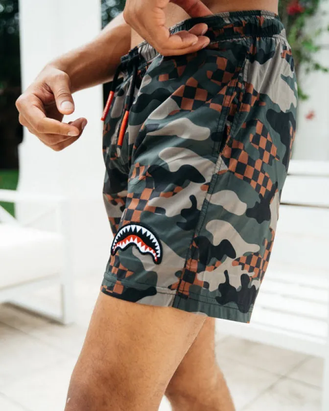 KIDS CAMO CHECKERED SWIM TRUNKS
